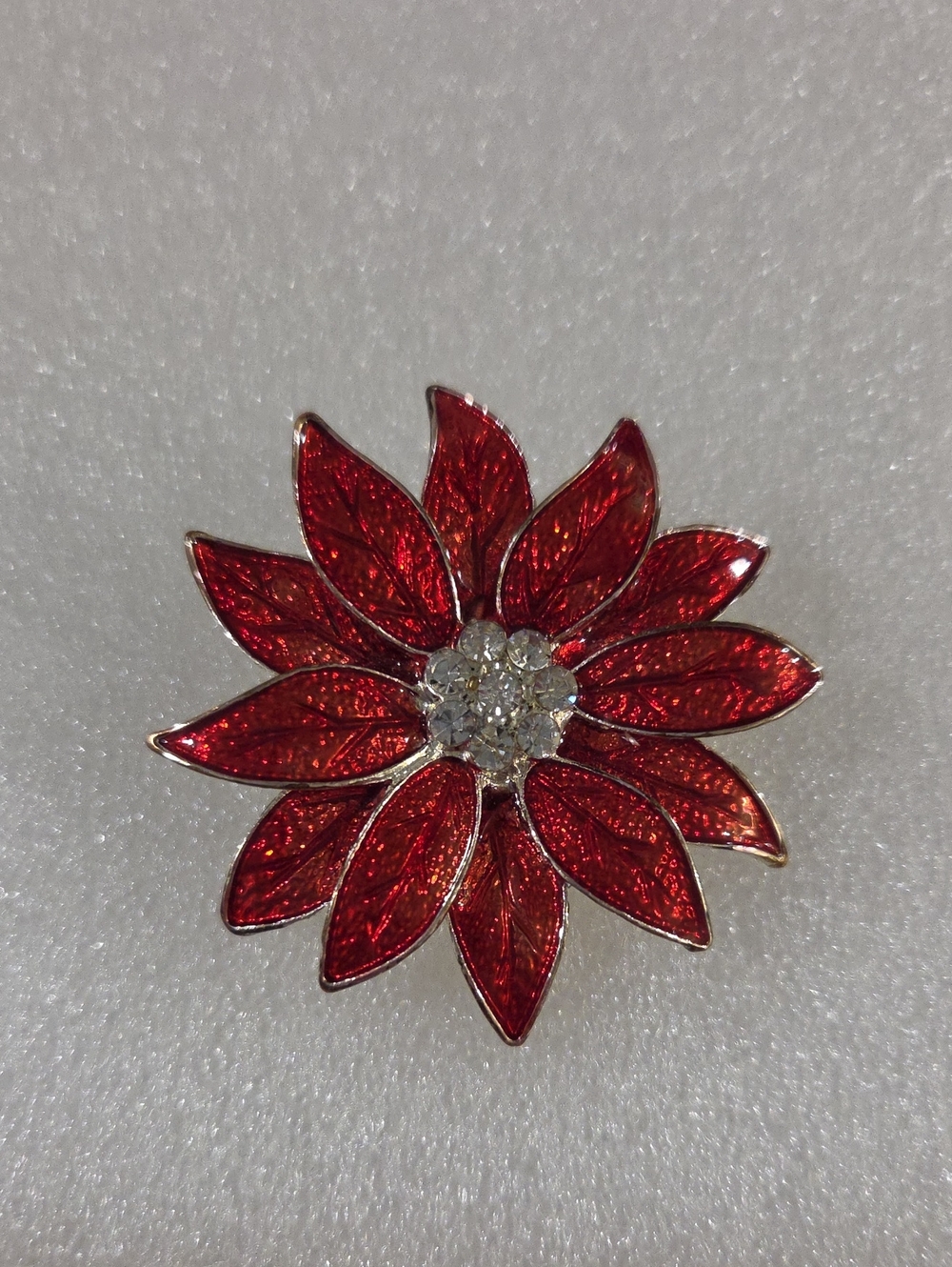 Vintage Red Poinsettia Red Enamel And Crystal Flower Brooch/Pendant
